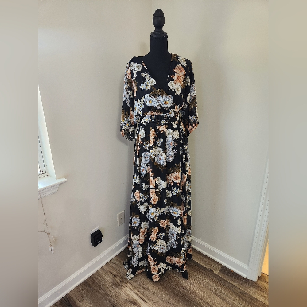 Baltic Born Floral Maxi Wrap Dress - Black with Cream & Taupe Flowers